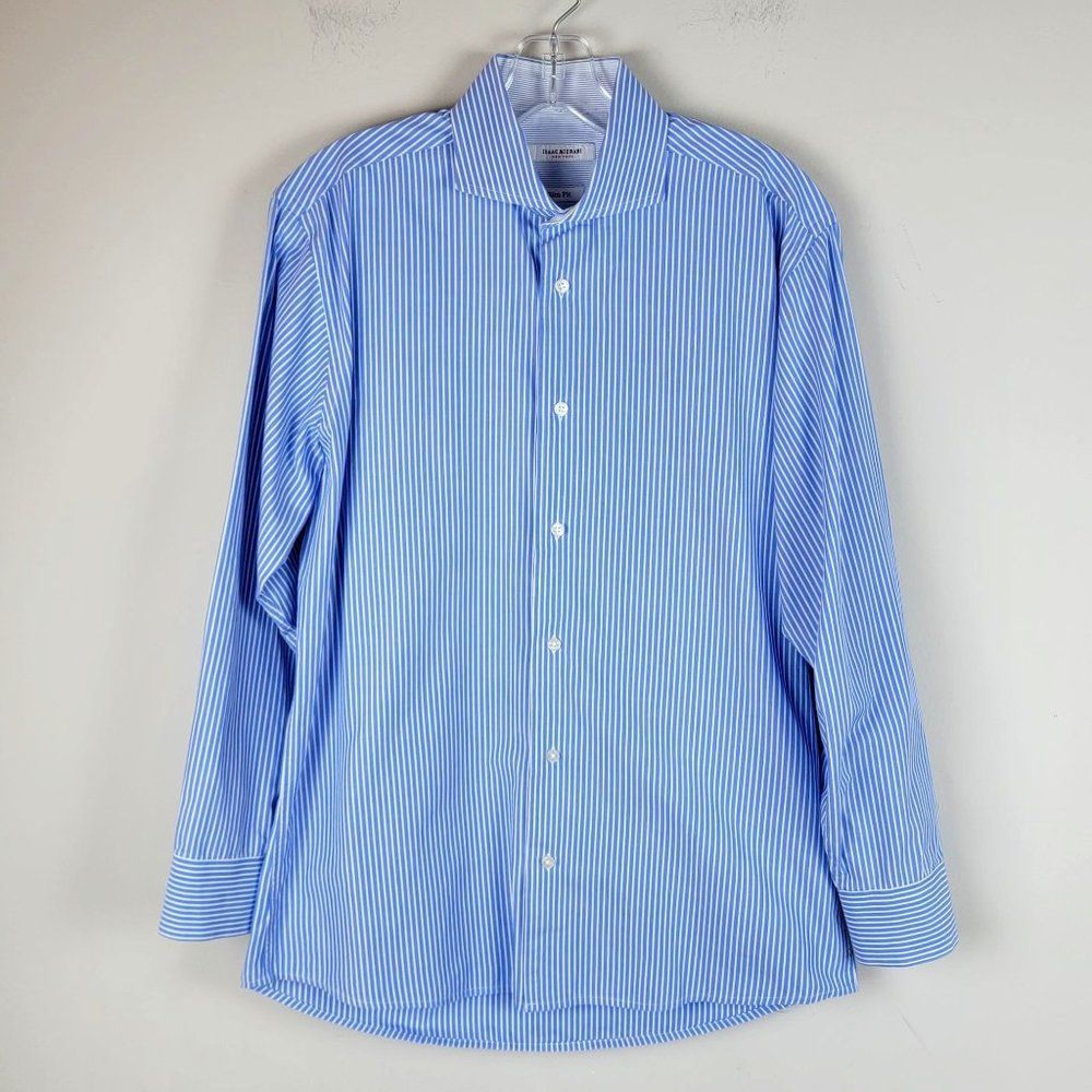 Isaac Mizrahi Blue White Stripes Cutaway Long Sleeves Dress Shirt 15 1/2 32/33